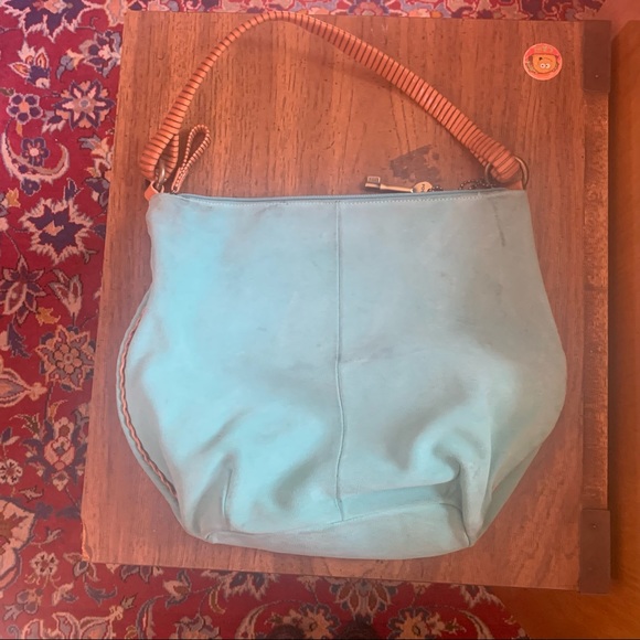 Fossil Teal Suede Handbag with Wooden Handle - Picture 5 of 6